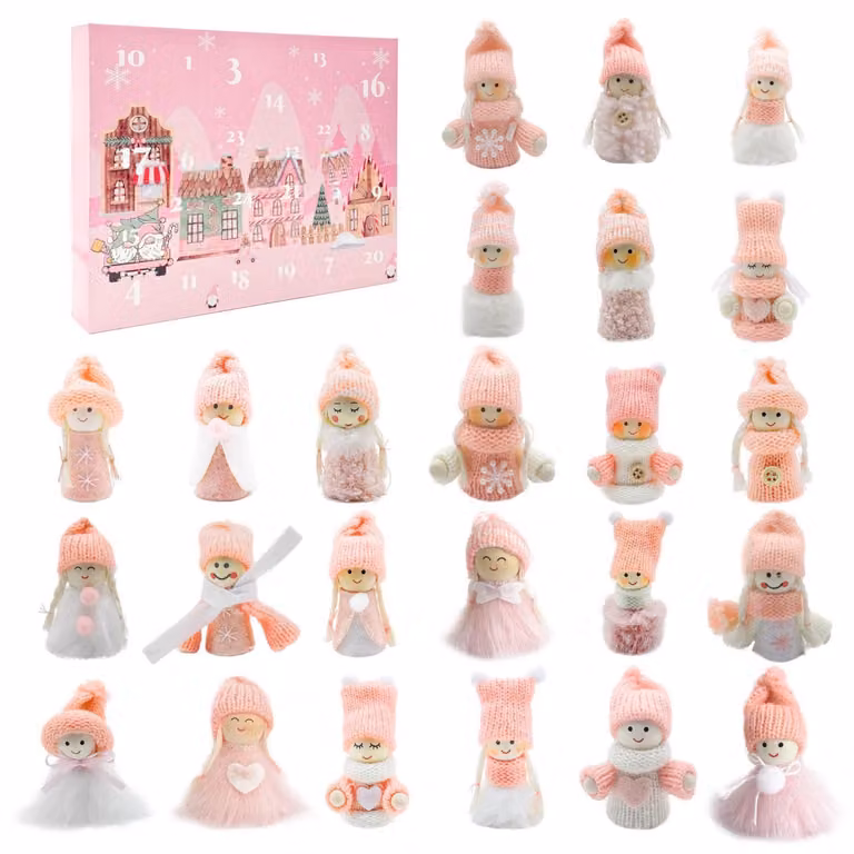 Calendario dell'Avvento con 24 personaggi, realizzati in peluche, legno e misto tessuto, nei colori rosa e bianco, altezza 7 cm
