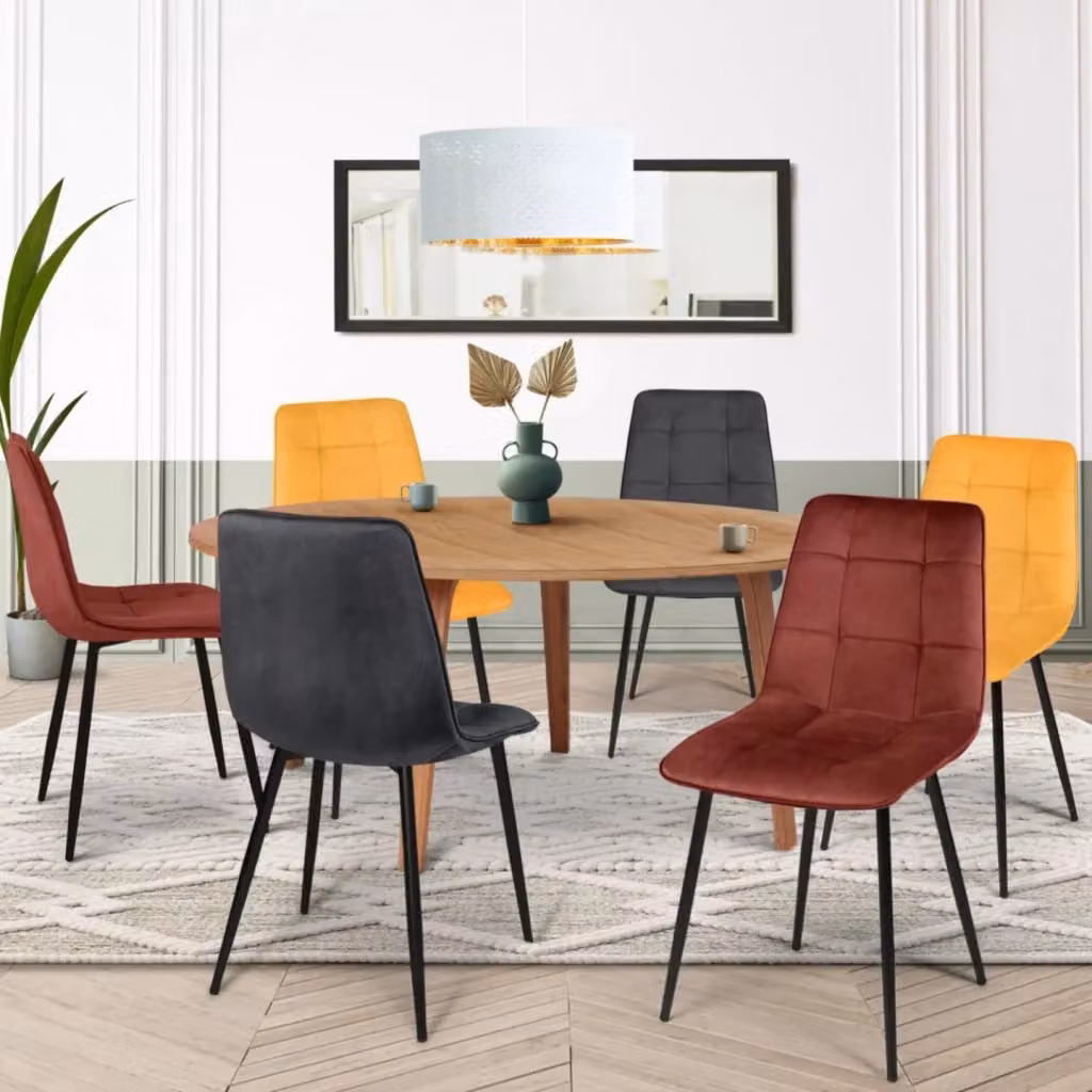 Set di 6 sedie MILA IDMarket in velluto vintage con struttura in metallo, colori misti: 2 bordeaux, 2 grigio scuro, 2 giallo ocra – 2