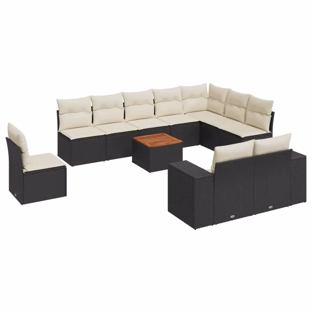 vidaXL Set Divani da Giardino 11 pz a Forma a L in Polyrattan Nero con Cuscini e Tavolino da Esterno – 2