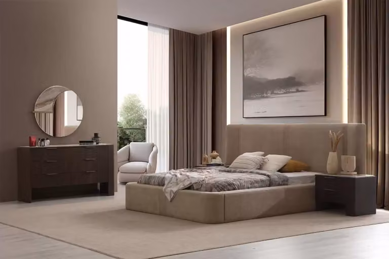 Beige-Braunes Schlafzimmer Set Textilbett Schminktisch Nachttische