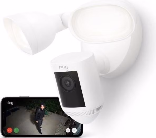 RING Spotlight Cam Pro, cablata, 1080p HD, visione notturna a colori, bianca, versione UE