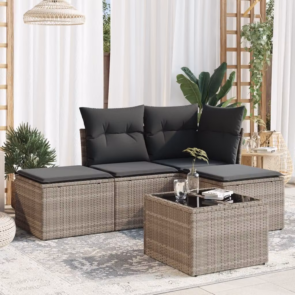 Set Divano da Giardino vidaXL a Forma di L in Polyrattan Grigio con Cuscini e Tavolino da Esterno – 1
