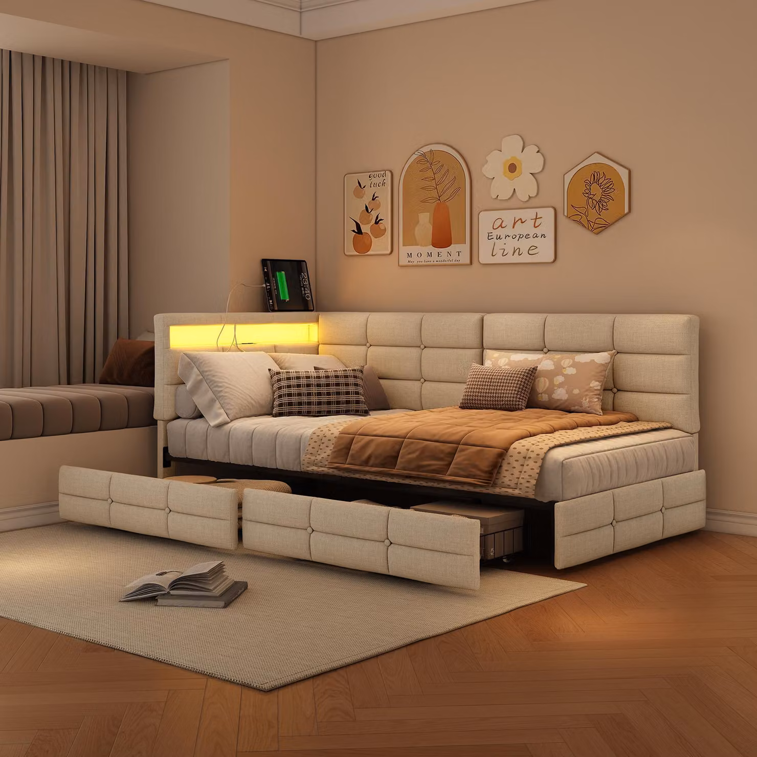 Letto per ragazzi UnboxG imbottito 90x200 cm con cassetto e LED, lettino per bambini con porta USB, letto classico in legno con rete a doghe, letto in legno per ragazze, bambini e ragazzi, lino, beige
