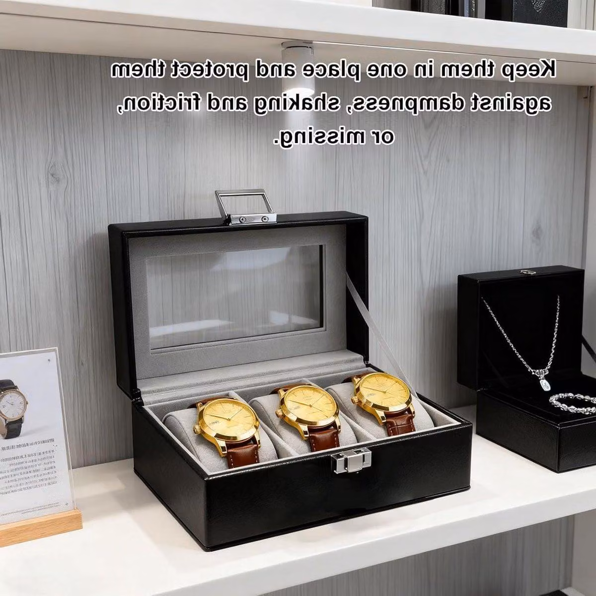 Scatola per orologi con 3 scomparti e coperchio in vetro, cuscino rimovibile, organizer antipolvere per orologi da uomo e da donna