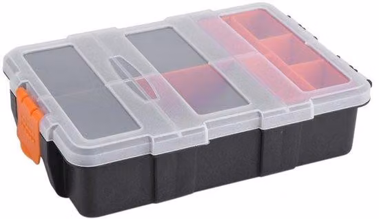Custodia imbottita per attrezzi, piccola, nera/arancione, con scomparti, dimensioni 22x15,6x6 cm