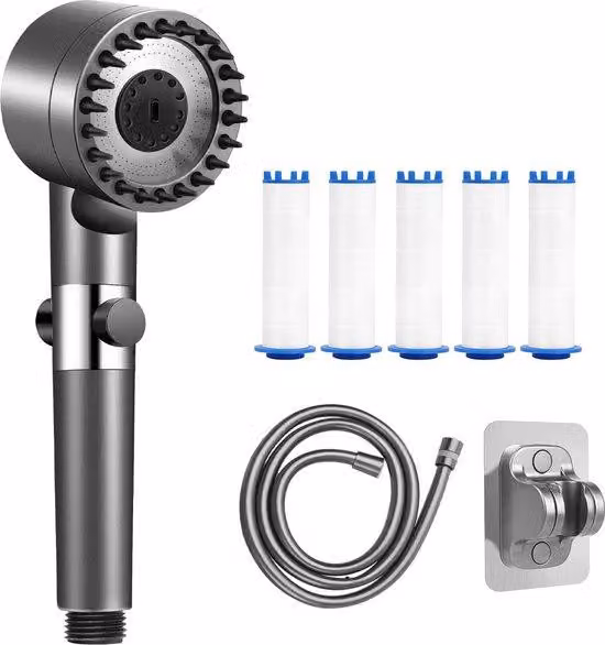 Soffione doccia a risparmio energetico con tubo flessibile da 1,5 m e supporto (non richiede forature), tecnologia di filtraggio a 5 vie, soffione doccia ad alta pressione con 3 tipi di getto, soffione doccia a risparmio idrico per acqua dura (5 filtri in