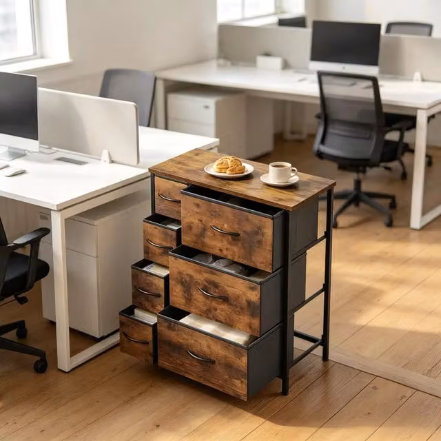 Cassettiera 63.5x30x73 cm con 7 cassetti in tessuto legno e metallo marrone rustico e nero