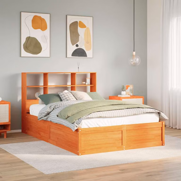 Letto in legno di pino massiccio vidaXL stile rustico marrone cera con ripiani laterali L/P/H: 229.5 x 166.5 x 110.0 cm