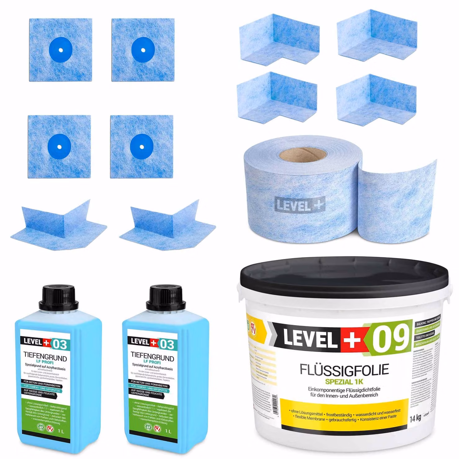 Kit di impermeabilizzazione Foglio liquido 14 kg Nastro sigillante 15 mb Primer Bagno doccia Level+ SET67