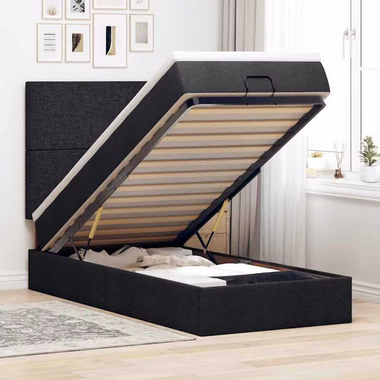 vidaXL Struttura Letto con Materasso e Contenitore a Sollevamento, Tessuto Nero e Bianco, L/P: 90 x 190 cm