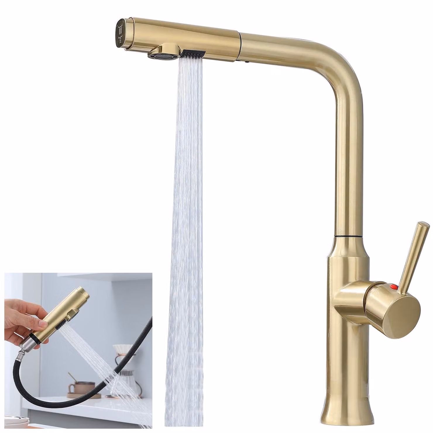 Miscelatore da cucina con doccetta estraibile, finitura oro opaco, tubo da 40 cm