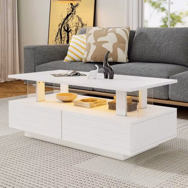 Tavolino da caffè moderno WISHDOR bianco con illuminazione LED, 2 cassetti e ripiano aperto, L: 100 cm, P: 50 cm, H: 42 cm