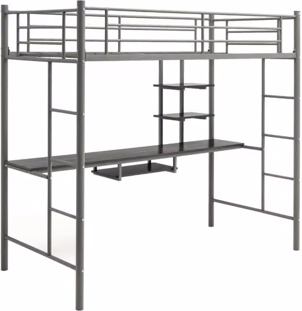 Struttura di metallo per letto a soppalco con scrivania 2 scale e corrimani a lunghezza estesa, Letto a soppalco Argento-Letti e strutture