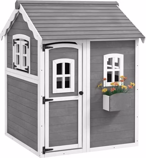 Casetta per Bambini 3-8 Anni con 6 Finestre e Fioriera, in Legno di Abete, 104.5x110x137 cm, Grigia