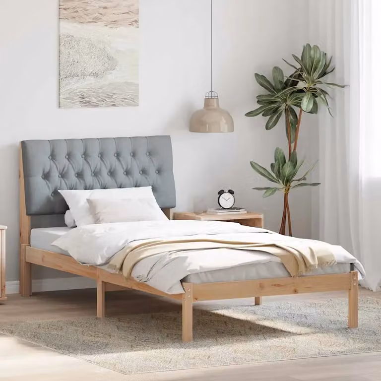 Letto singolo moderno con testiera rivestita in tessuto e struttura in legno di pino, L/P: 100 x 200 cm, colori marrone e grigio