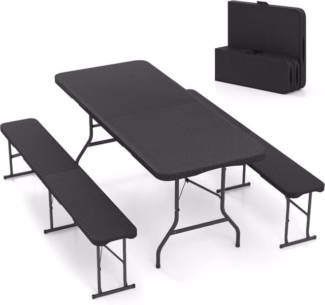Tavolo pieghevole portatile e set di 2 panca pieghevole in plastica, Tavolo da campeggio e set di 2 sedile portatile pieghevole a met¨¤ Nero