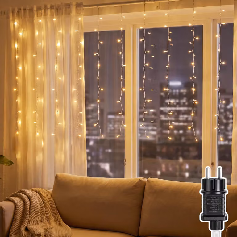 Tenda luminosa a LED effetto pioggia di ghiaccio, dimensioni 3x1 metro, luce bianco caldo, 150 LED, grado di protezione IP44, 8 modalità