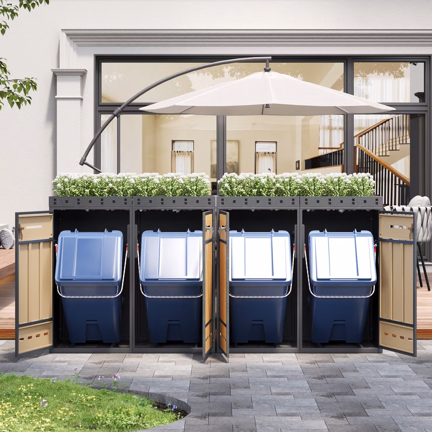 MODFU Box per bidoni della spazzatura quadruplo - Tetto verde con drenaggio - Porte frontali chiudibili a chiave - Fessure di ventilazione Per vialetto e giardino - Grigio+legno