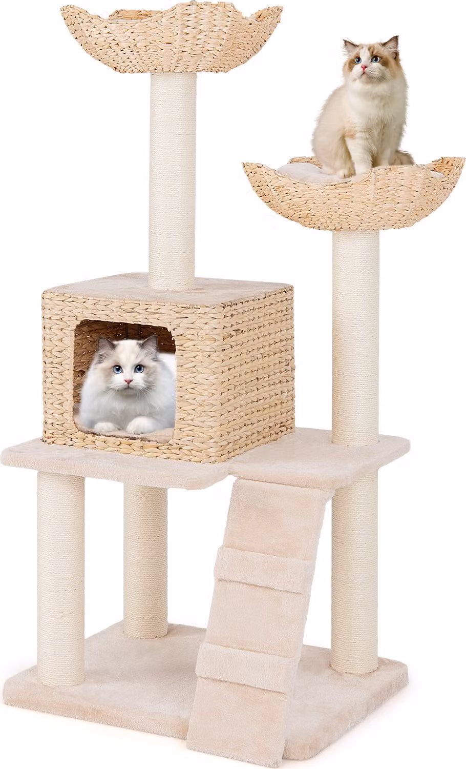 Tiragraffi COSTWAY 122 cm con grotta per gatti, albero per gatti con 2 posatoi, cuscino, grotta, scala e paletti in sisal, albero di arrampicata multilivello piccolo beige