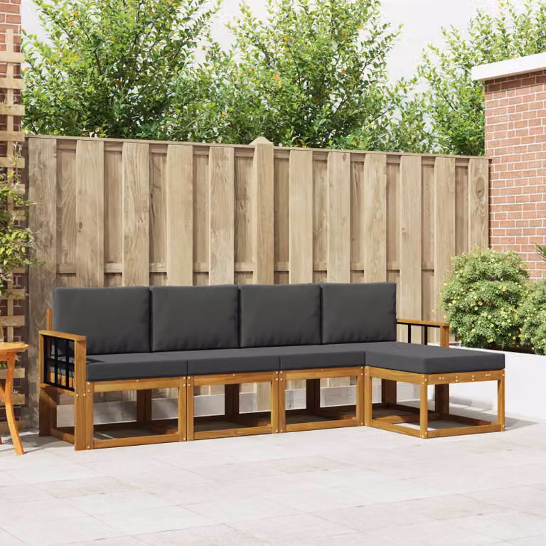 Set di divani da esterno vidaXL a forma di L composto da 5 pezzi in legno di acacia con cuscini, colore marrone e antracite