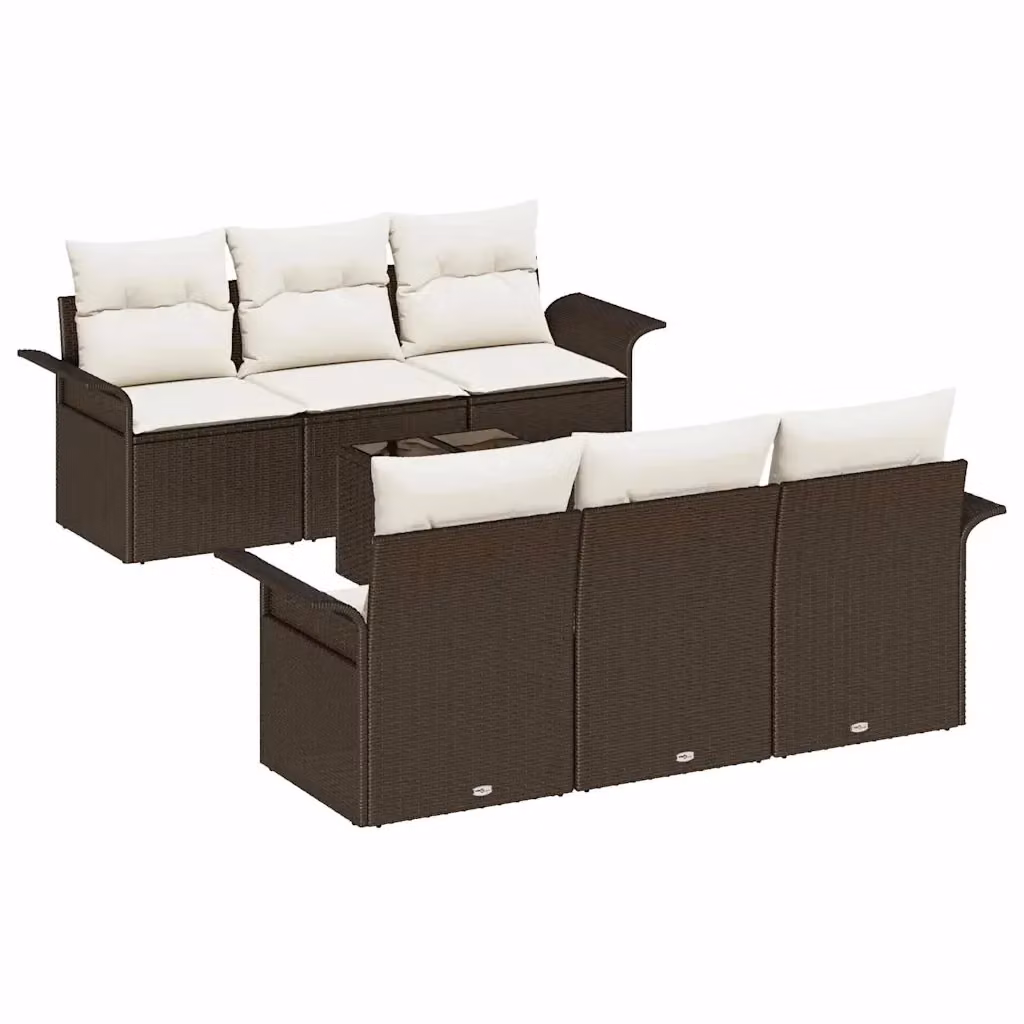Set Divano da Giardino vidaXL 7 Pezzi a Forma di U Marrone e Beige con Cuscini e Tavolino in Polyrattan e Metallo – 2