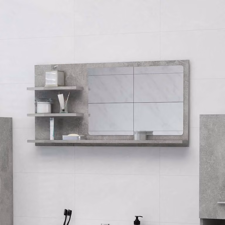 Specchio da bagno moderno vidaXL in legno multistrato grigio cemento, L: 90 cm, P: 10,5 cm, H: 45 cm