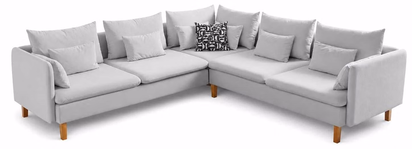 Divano angolare moderno grigio, rivestito in tessuto, comodo, ideale per il soggiorno