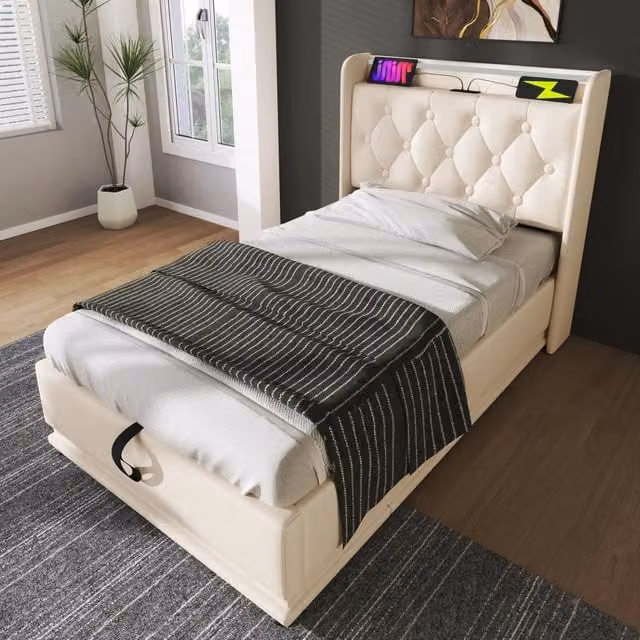 Letto singolo contenitore 90 × 200 cm con materasso a molle LED a 360 gradi in PU bianco con USB e tipo C