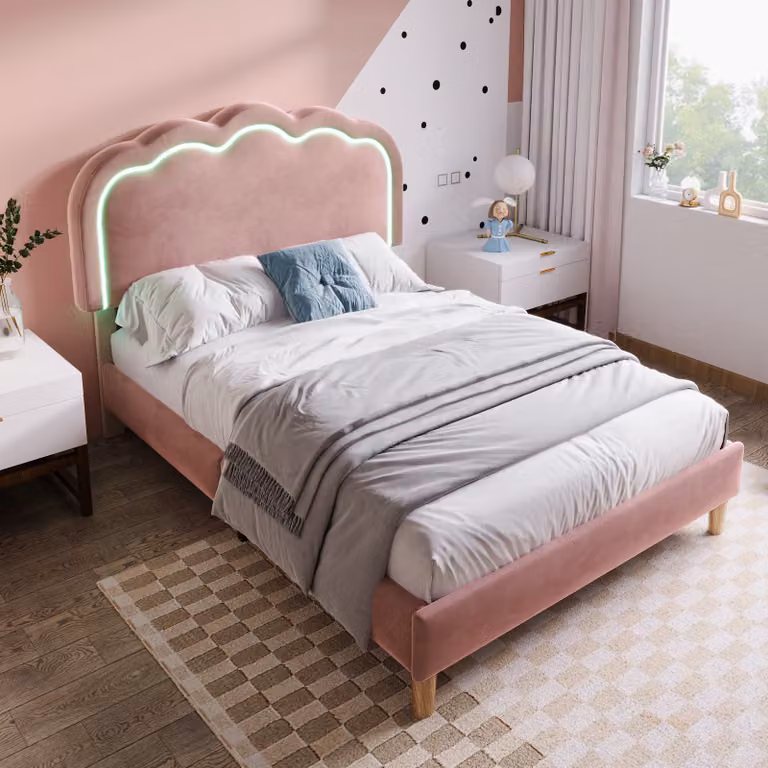 okwish Letto imbottito 90 x 200 cm con rete a doghe e testata regolabile, Velluto, Rosa