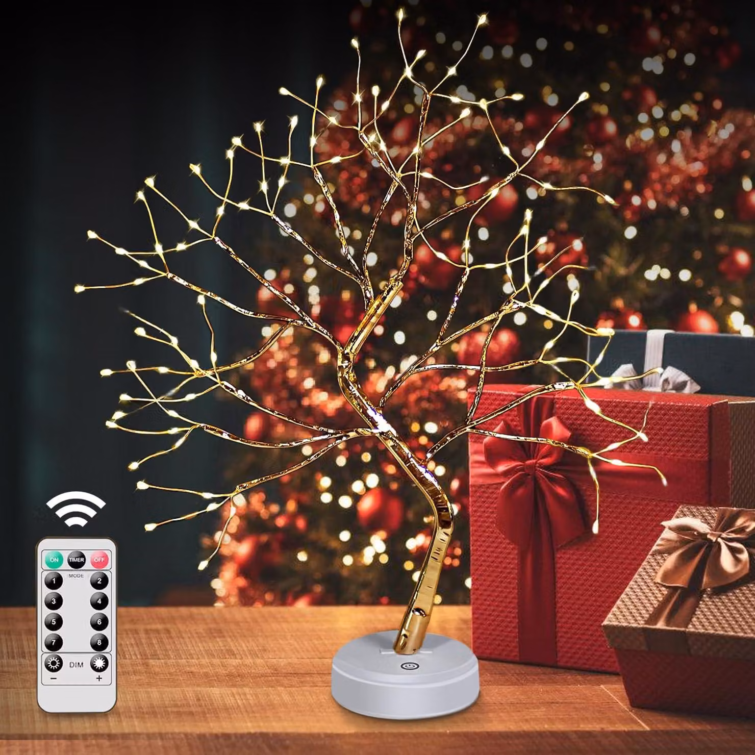 Albero di Natale a LED in stile bonsai, con rami regolabili, luce bianco caldo, color oro, dotato di telecomando
