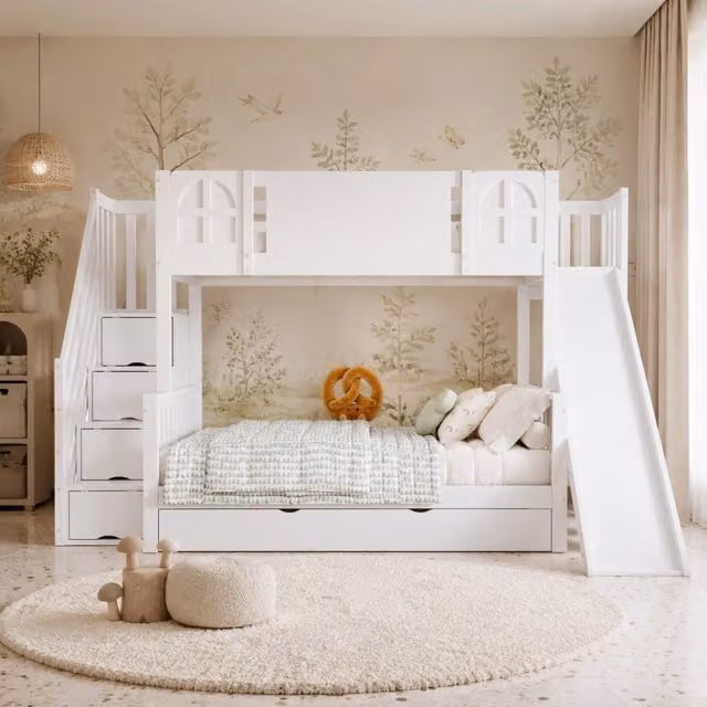 Letto a castello bianco 90x200/120x200 cm con scivolo, scala contenitore e cassetto