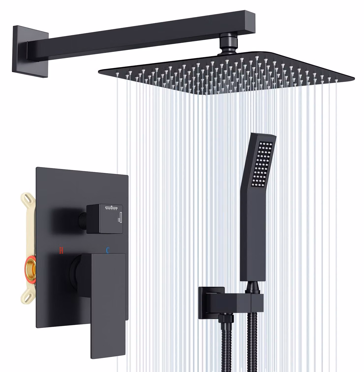Set doccia da incasso, 25x25 cm, con soffione a pioggia, tecnologia Air Inject, colore nero