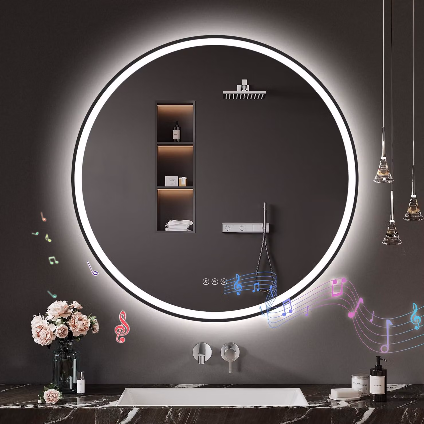 Specchio da bagno a LED, forma rotonda, 80x80 cm, con Bluetooth, funzione antiappannamento, controllo touch e dimmerabile