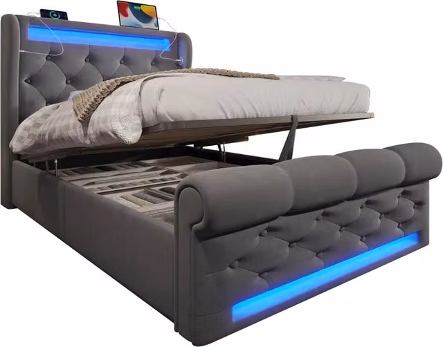 Letto Singolo 90x200 Imbottito in Velluto Grigio con Contenitore Idraulico; Luci LED e Prese USB/Type-C