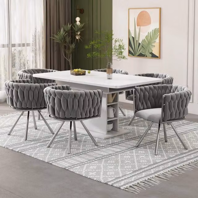 Sedie da pranzo set da 6 girevoli a 360 gradi con schienale ergonomico e imbottitura in velluto grigio argento