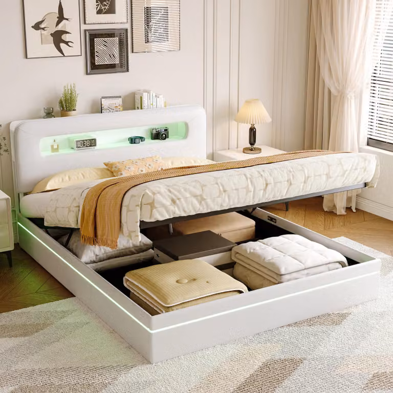 Letto imbottito - 160 x 200 cm - Illuminazione LED - Spazio contenitore con sistema idraulico - Struttura a rete - Rivestimento in velluto - Colore beige