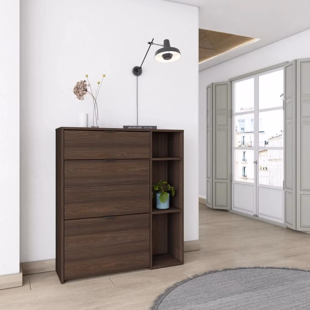 Scarpiera da ingresso Skraut Home in rovere scuro con ante a battente e ripiani interni, capacità 10 paia di scarpe, L: 90 cm, P: 27 cm, H: 102 cm – 2