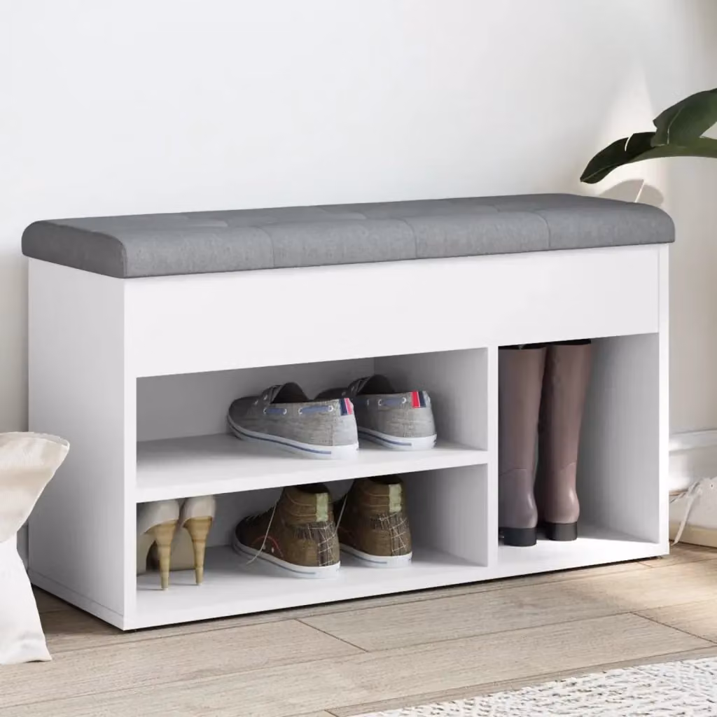 Panca Scarpiera Moderna in Legno con Seduta in Tessuto Grigio e Bianco L: 82 cm, P: 32 cm, H: 45,5 cm – 2