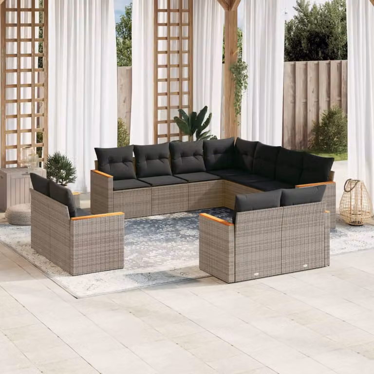 vidaXL Set Divani da Giardino 11 pz in Polyrattan e Legno di Acacia Grigio con Cuscini