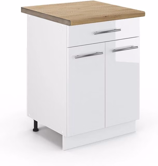 Mobiletto base per cucina Fame-Line Vicco Bianco lucido con cassetto e piano in Rovere, L: 60 cm, H: 82 cm, P: 35,5 cm