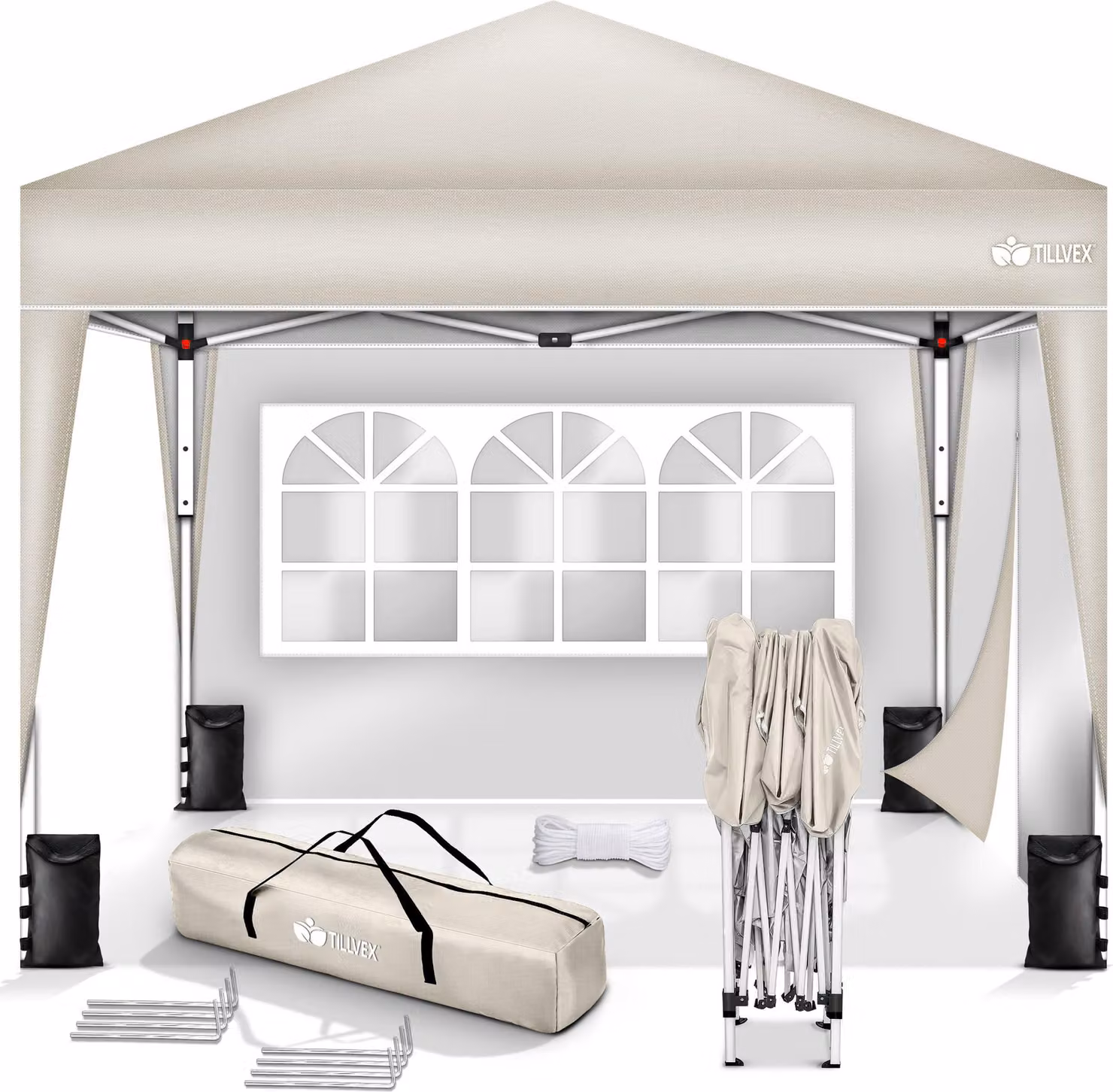 gazebo tillvex 3x3m beige - con 2 pannelli laterali impermeabili | gazebo pop-up pieghevole regolabile in altezza | tenda da giardino protezione UV 50+ | tenda da festa con borsa per giardino