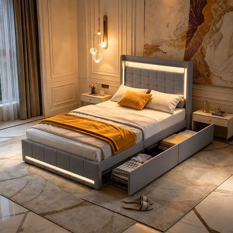 Letto imbottito 90x200 cm con LED, prese USB e cassetti, letto singolo con contenitore e rete a doghe, letto per adolescenti, lenzuola (grigio, 90x200)