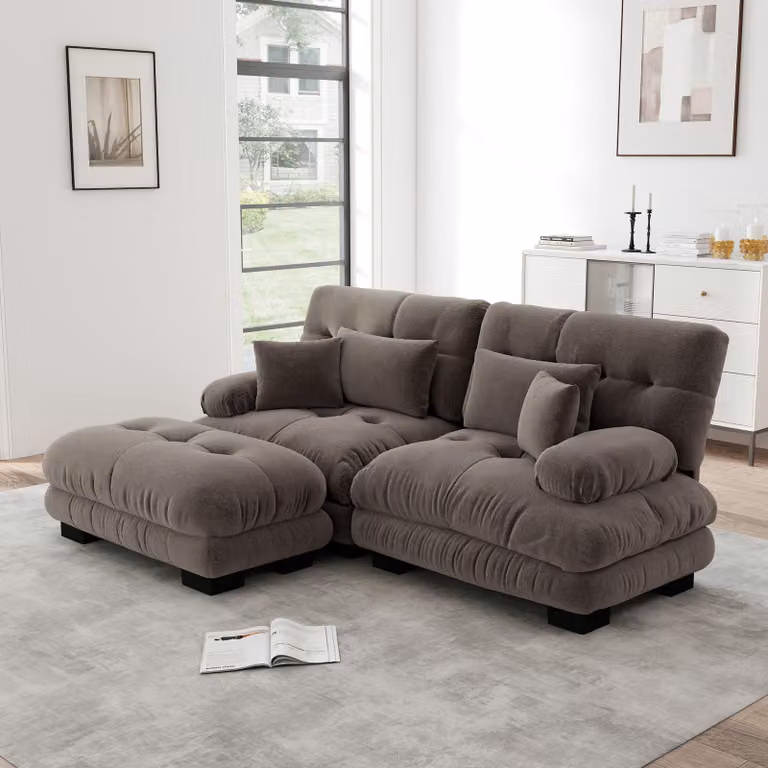 Divano angolare imbottito, tessuto in chenille, 2 cuscini lombari, 2 cuscini decorativi, braccioli ampi, poggiapiedi (marrone)