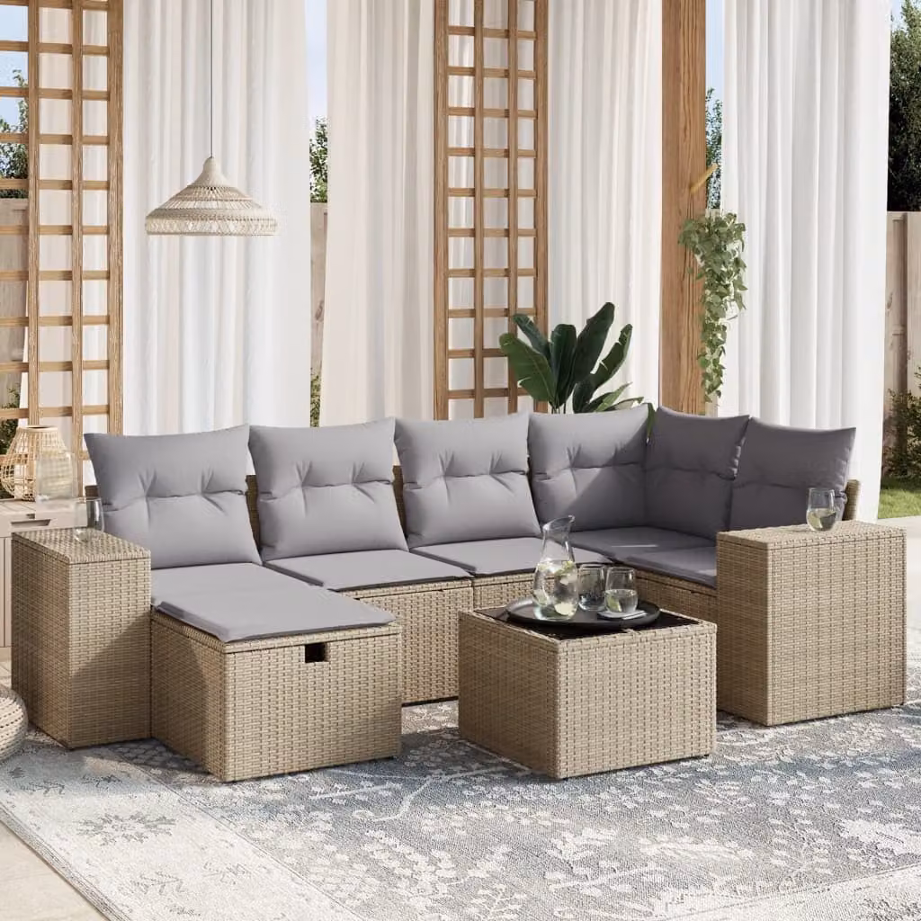 vidaXL Set Divano da Giardino 7 pz a L con Cuscini Beige e Grigio in Polyrattan e Acciaio