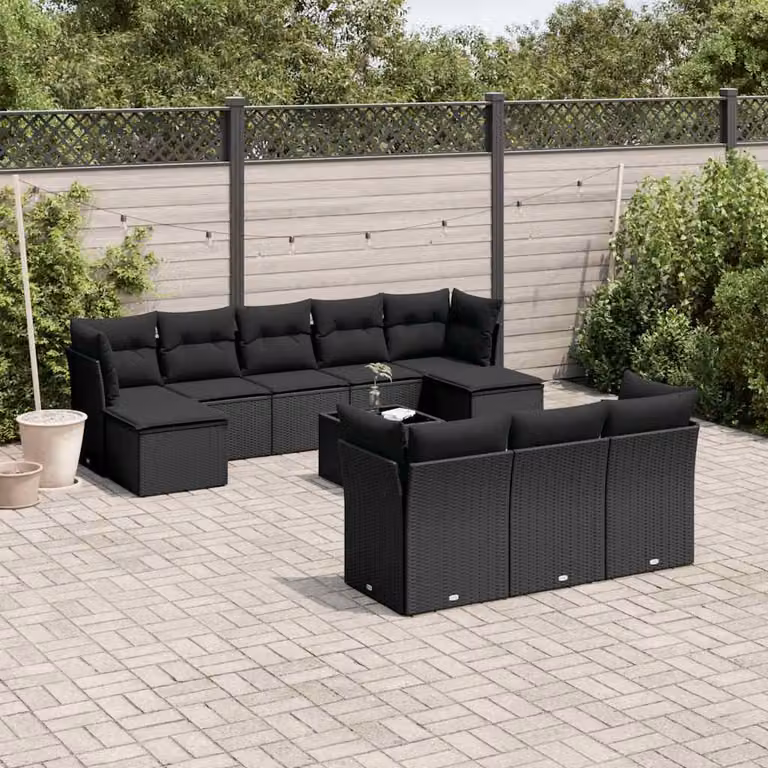 vidaXL Set Divani da Giardino 11 pz Moderno in Polyrattan Nero con Cuscini e Tavolino