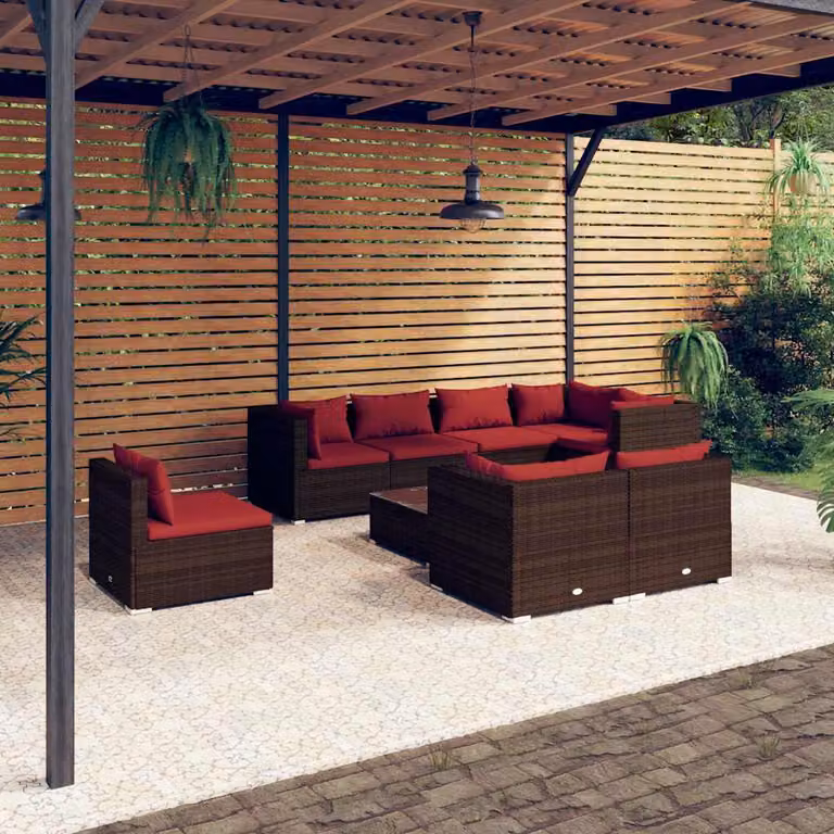 Set Divani da Giardino vidaXL 9 pz in Polyrattan Marrone con Cuscini e Tavolino da Esterno
