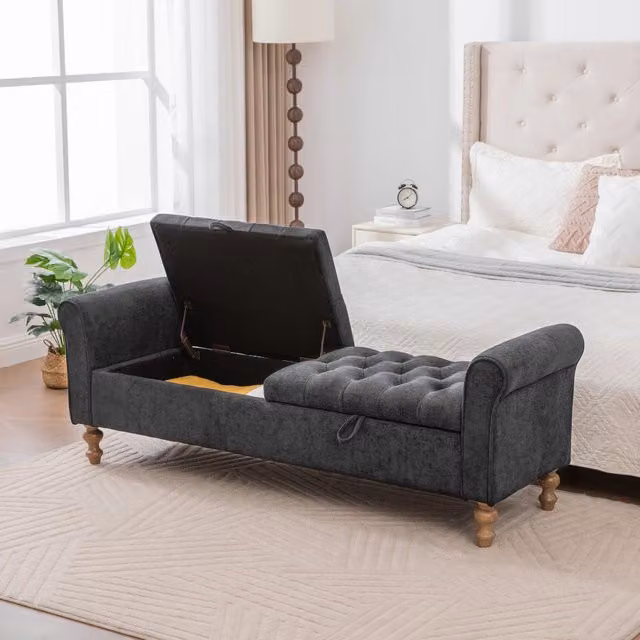 Panca Poggiapiedi Imbottita con Contenitore Minimal in Velluto Grigio Scuro e Gambe in Legno Massello