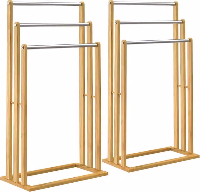 Set di 2 portasciugamani autoportanti Casaria® in bambù marrone con 3 barre in acciaio inox, H: 84 cm, L: 46 cm, P: 24 cm
