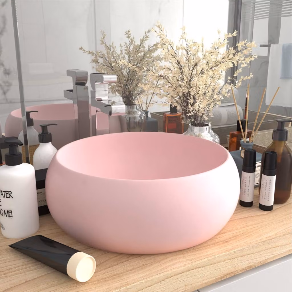 The Living Store Lussuoso lavabo rotondo rosa opaco 40x15 cm in Vetroceramica