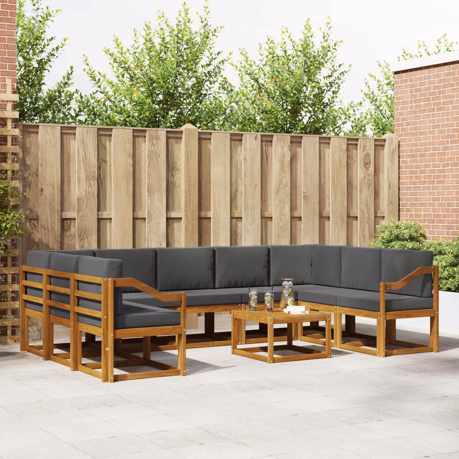 vidaXL Set di divani da esterno componibile a L in legno di acacia con cuscini, Antracite e Marrone
